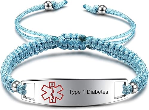 JF.JEWELRY Pulseras de identificación de alerta médica para diabetes tipo 1 pregrabadas para hombres y mujeres, cuerda de nailon trenzada