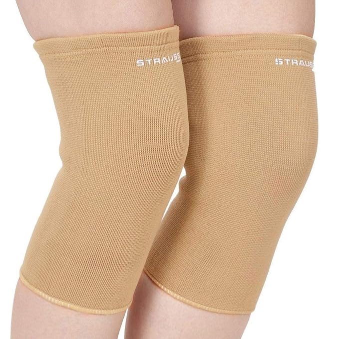STRAUSS Elastic Knee Cap Support |Ankle, Knee, Elbow Support for Sports & Workout | Adjustable Compression for Men, Women |Ideal for Gym, Running, Recovery Support |Size: Medium| 1Pair (Beige)