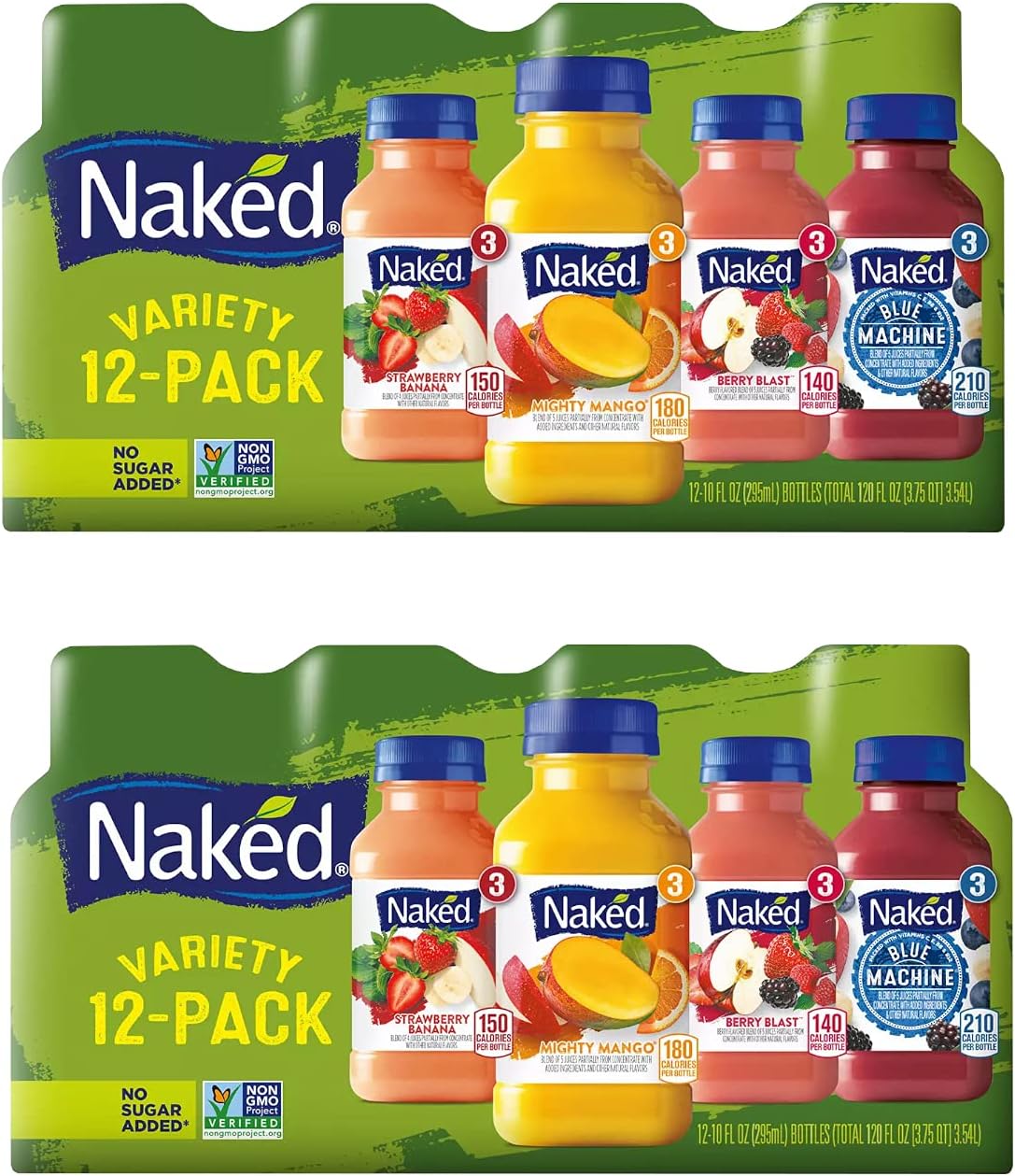 Gourmet Kitchn Naked Juice Variety Pack | Strawberry Banana, Mighty Mango, Berry Blast and Blue Machine | No Sugar Added And Non GMO - 2 Boxes (10 oz., 12 pk. Each), Total 24 Juice,2 Pack