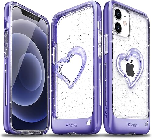 VENA Funda para iPhone 12 Mini con purpurina, vLove (forma de corazón, protección de CornerGuard), funda híbrida delgada y transparente de doble