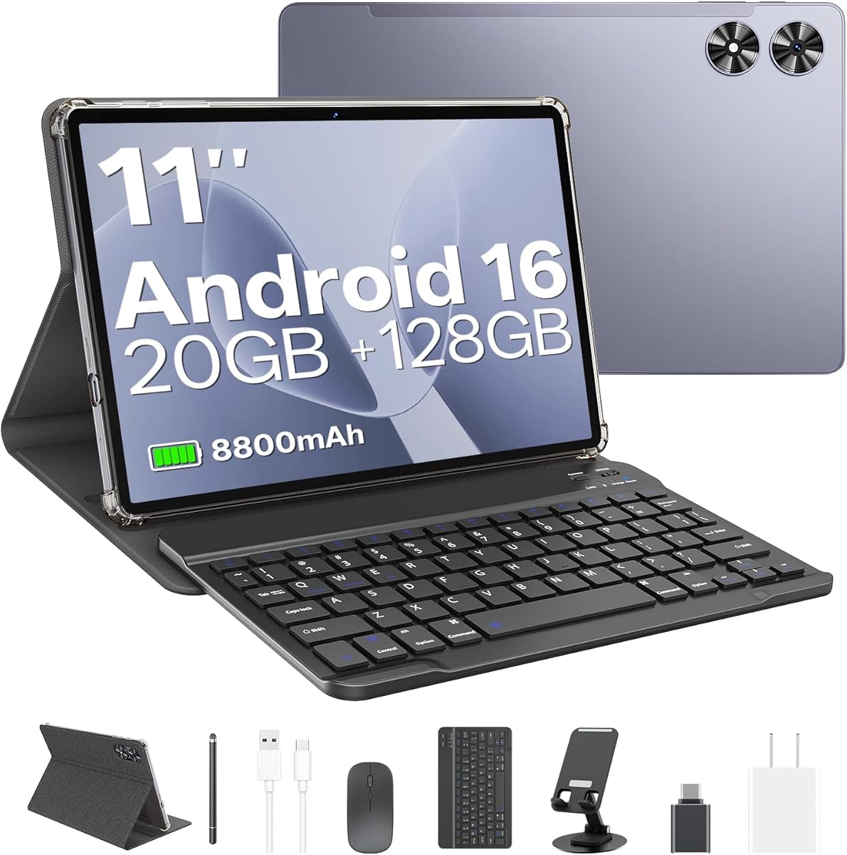 2025 Android 16 Tablet with Keyboard, 20GB+128GB 11 Inch Octa-Core 2-in-1 Tablets Dual Camera 8+13 MP, 5G/2.4G WiFi, 8800mAh, BT5.0, GMS Certified, with Mouse, Case, Stylus, (Gray)