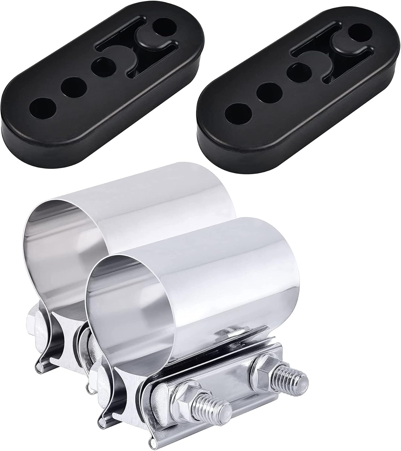 EVIL ENERGY 2.75" Exhaust Clamp Butt Joint Band Sleeve Coupler 2PCS, Bundle with 4 Holes Adjustable Exhaust Hanger Universal 2PCS