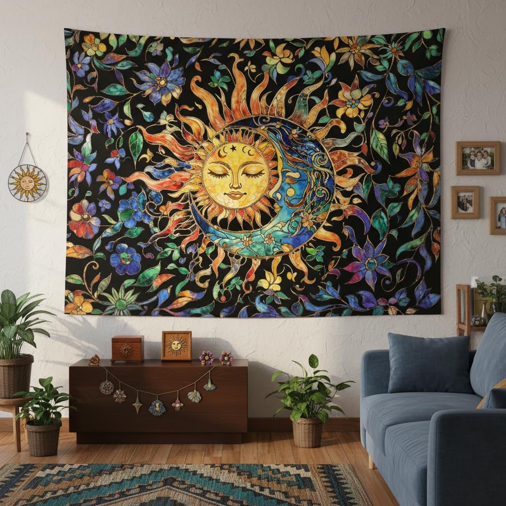 Aipon Sun and Moon Tapestry for Bedroom Boho Hippie Floral Wall Tapestry Aesthetic Vintage Stained Glass Plant Small Tapestries Wall Hanging for Living Room Dorm 48 x 36 Inch