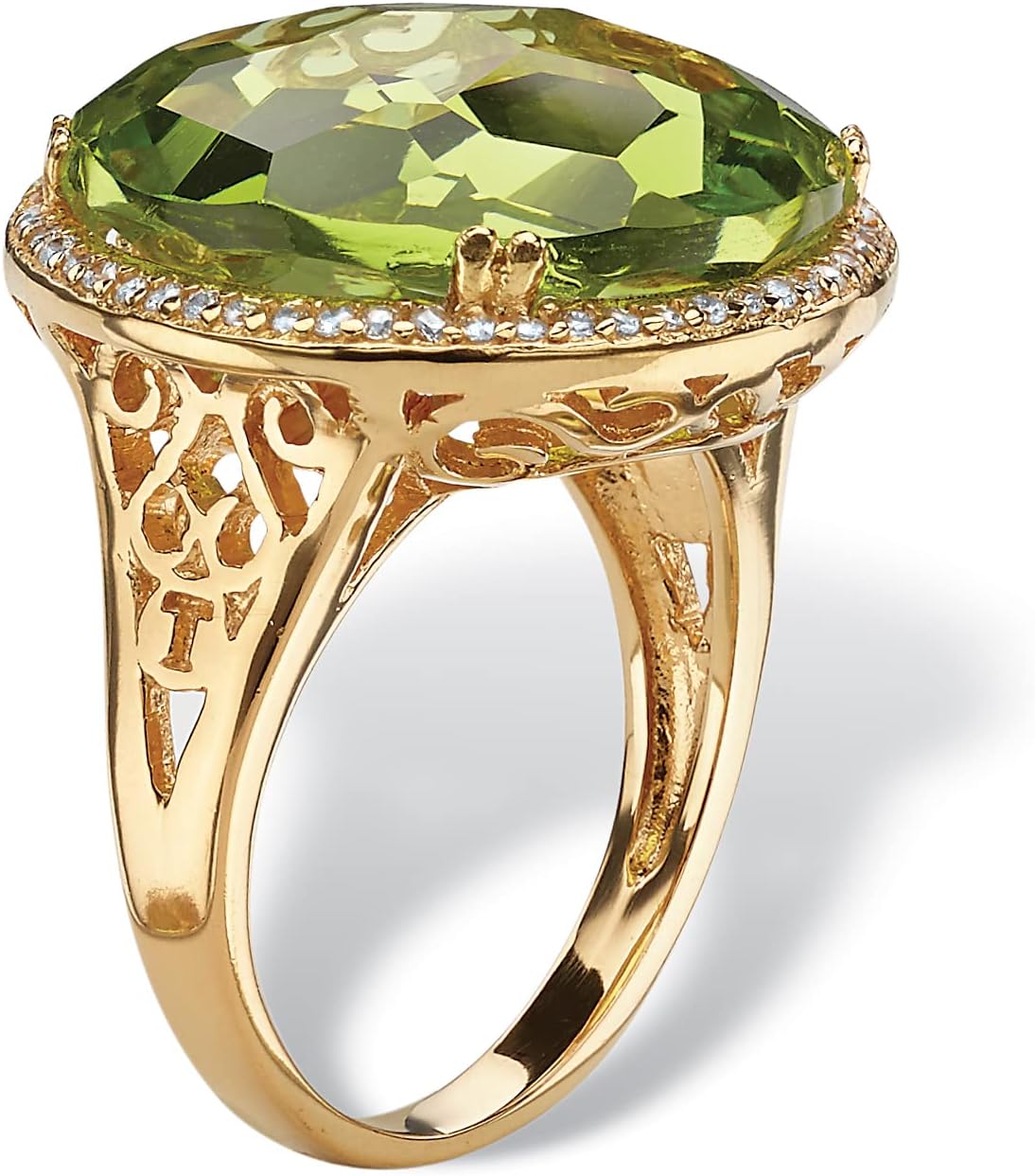 Palm Beach Jewelry 14K Yellow Gold Plated Round Lime Green Glass and Round White Cubic Zirconia Ring