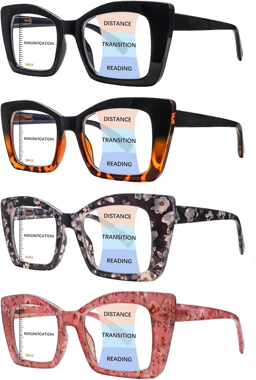 ZONLON 4 Pack Progressive Multifocal Reading Glasses for Women Oprah Style Blue Light Blocking Computer Readers