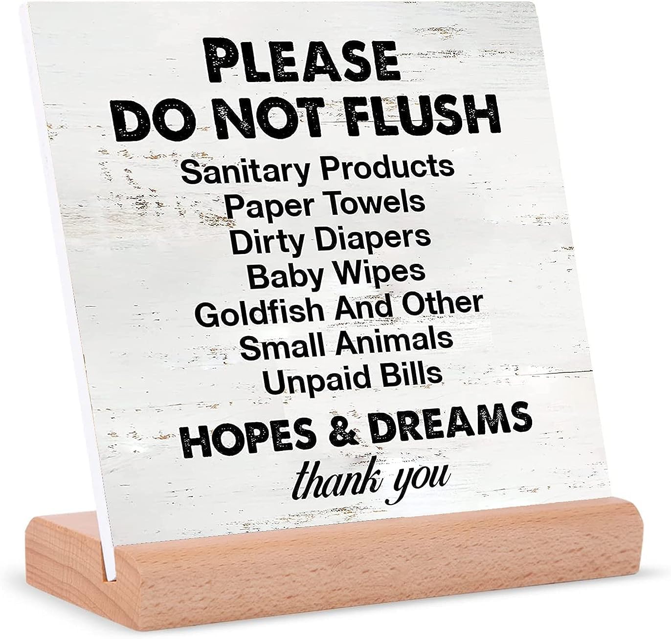 Funny Bathroom Ceramic Table Plaque with Wooden Stand Please Do Not Flush Sanitary Products Desk Sign Desk Decors for Home Bathroom Shelf Table Decoration