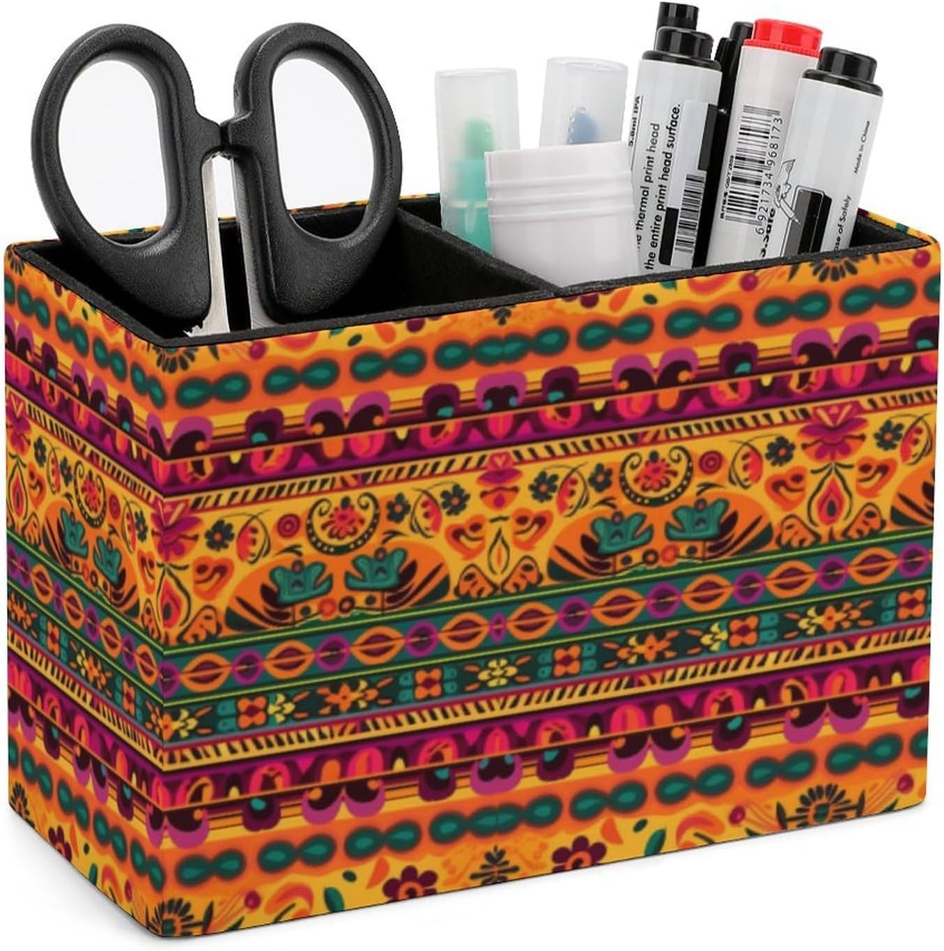 Mexican Folk Art Pen Holder with 2 Slots for Desk Storage