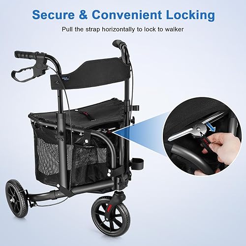 Vista 5 de WALK MATE Andador girador de 3 ruedas con asiento para personas mayores delgadas, respaldo acolchado, andador plegable ligero ideal para ancianos, 8