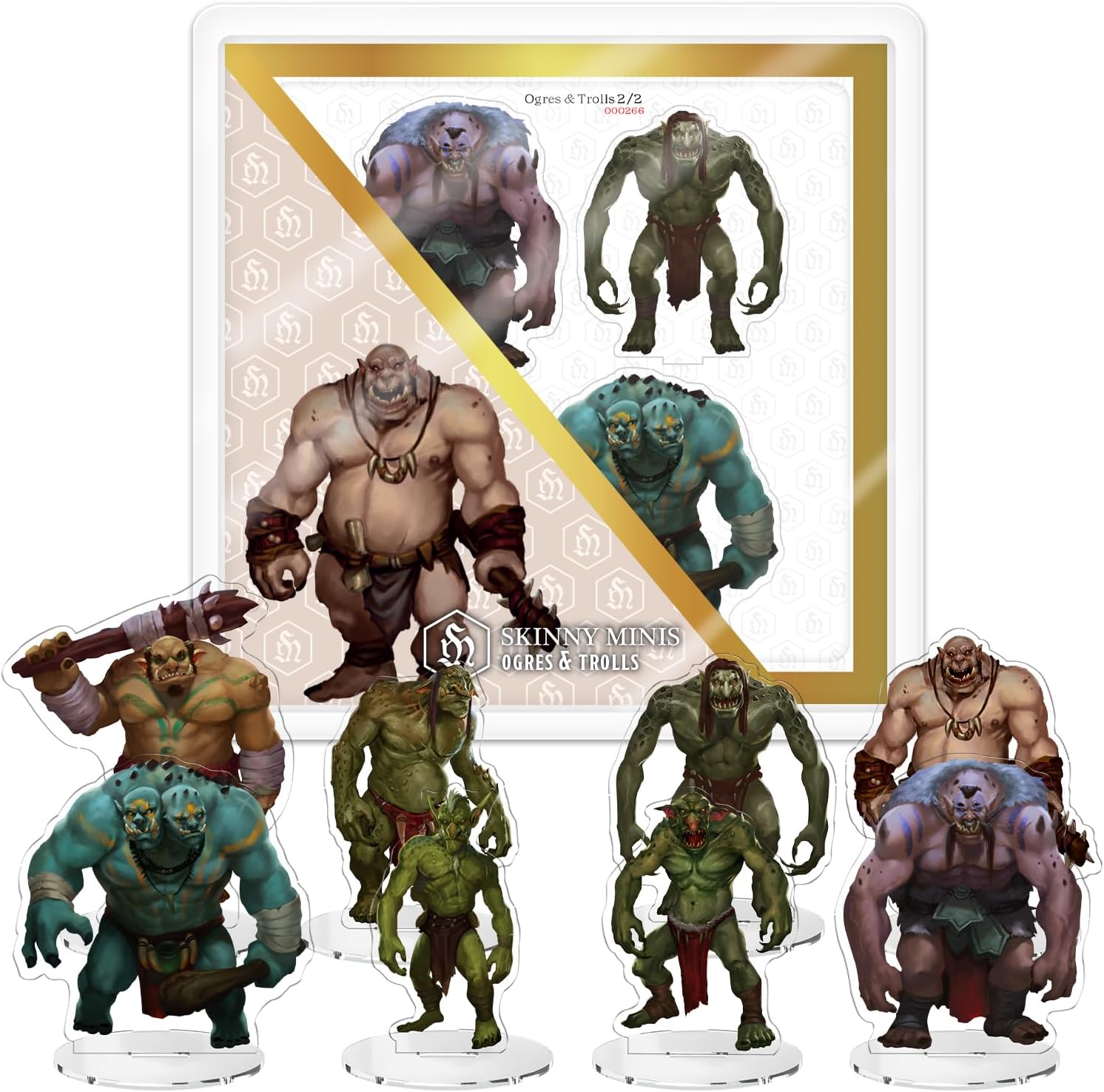 Skinny Minis Ogres & Trolls Miniatures for RPG Tabletop Games, D&D Compatible, 8 Large Minis with Bases, 2D Mini Acrylic Figures with Double-Sided Graphics & Durable Acrylic Design
