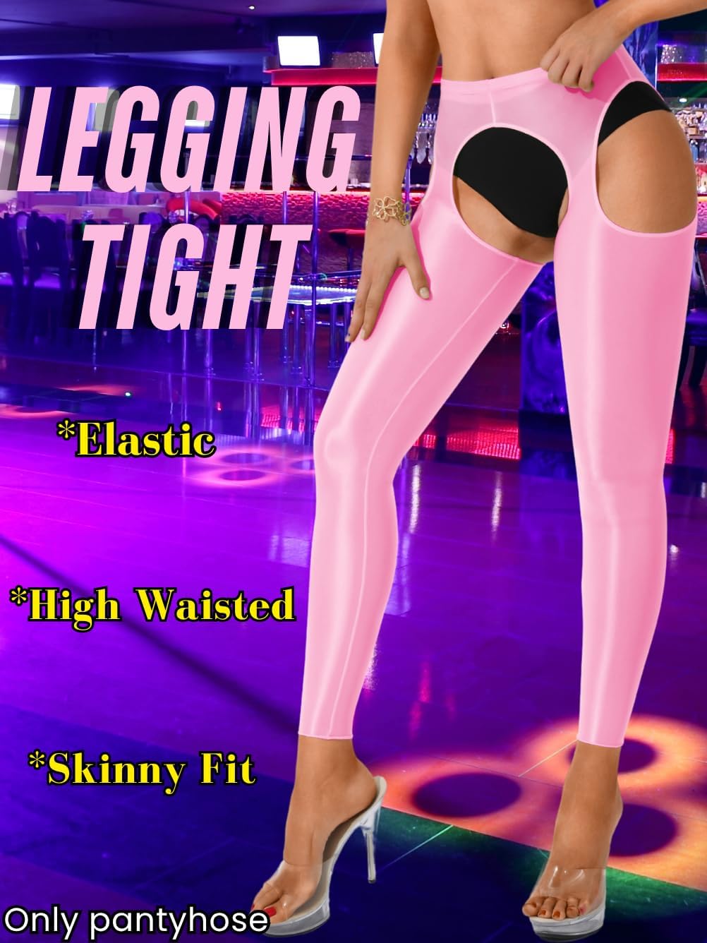 ChiaoLezhee Sexy Shiny Leggings For Women, Sheer High Waisted, Shimmer Sparkly Glossy Rave Party Pants Suspender Pantyhose