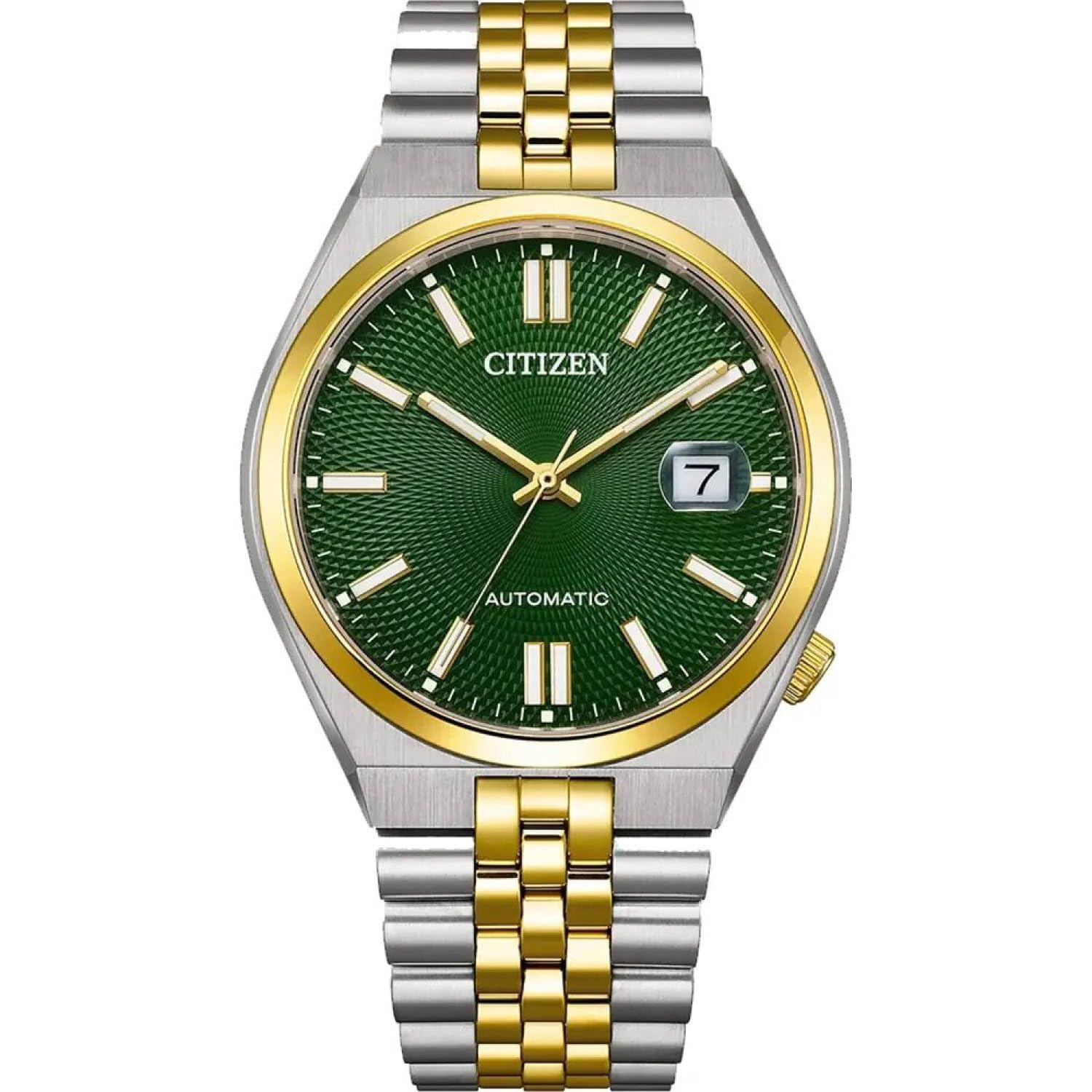 Citizen Tsuyosa 60 NK0024-54X Mechanische Armbanduhr, Unisex, Stahl, zweifarbig, goldfarbenes Zifferblatt, Saphirglas, Grün, 40 mm