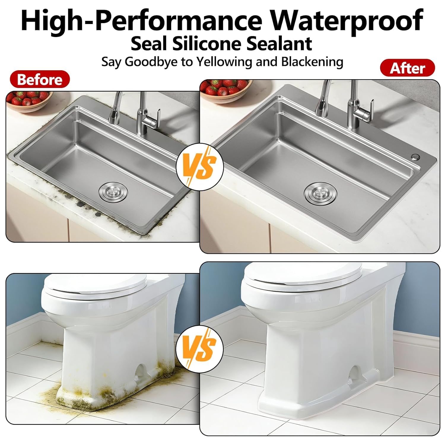 LISRUX Advanced Clear Silicone Caulk for Kitchen & Bathroom,10 fl oz Cartridge,24 Pack,100% Waterproof RTV Silicone Sealant,Stronger Adhesion,Shrink & Crack Proof