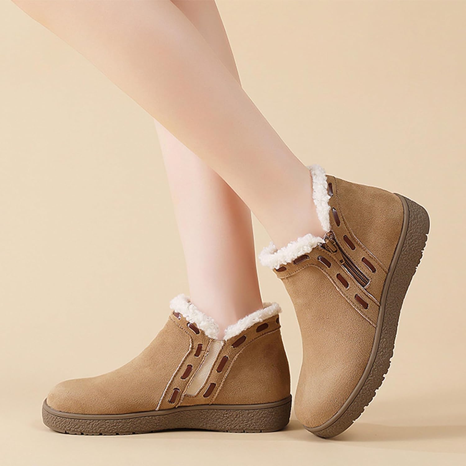 Women's Suede Flat Snow Boots with Side Zip Comfortable Round Toe Non-Slip Fur Lining Platform Ankle Boot Outdoor Winter Warm Booties - Image 2