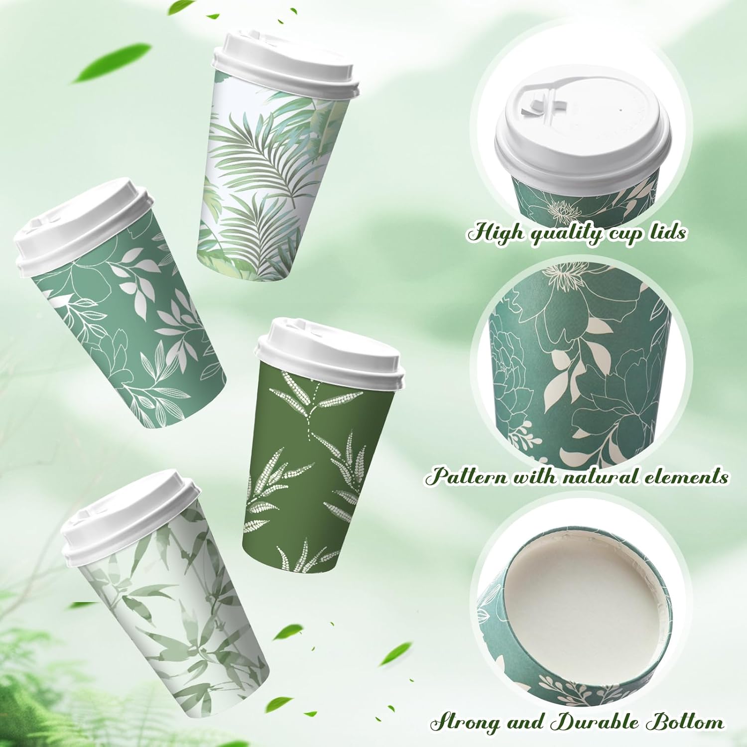 100 Pcs Greenery Disposable Coffee Cups with Lids 12oz Sage Green Themed Leaves Pattern Paper Cups Travel Coffee Mugs for Spring Summer Party Outdoor Picnic Wedding Restaurant Supplies - Image 3