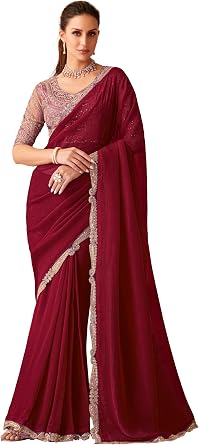 TRENDMALLS Womens Tissue Silk Sequin Embroidery Work Saree with Unstitched Blouse Piece For Women