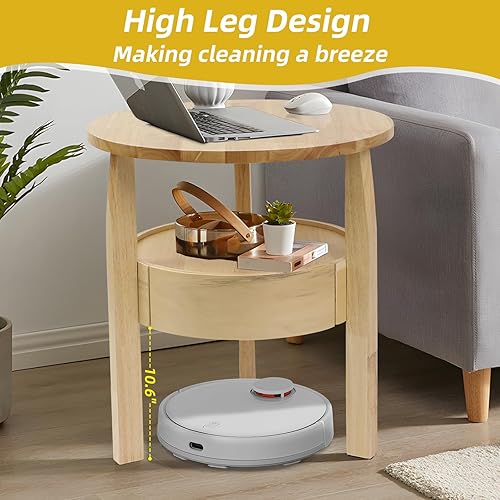 Miniatura 5 de Mesa auxiliar redonda con almacenamiento y cajón oculto, mesa auxiliar de madera natural de 20 pulgadas de profundidad x 20 pulgadas de alto con