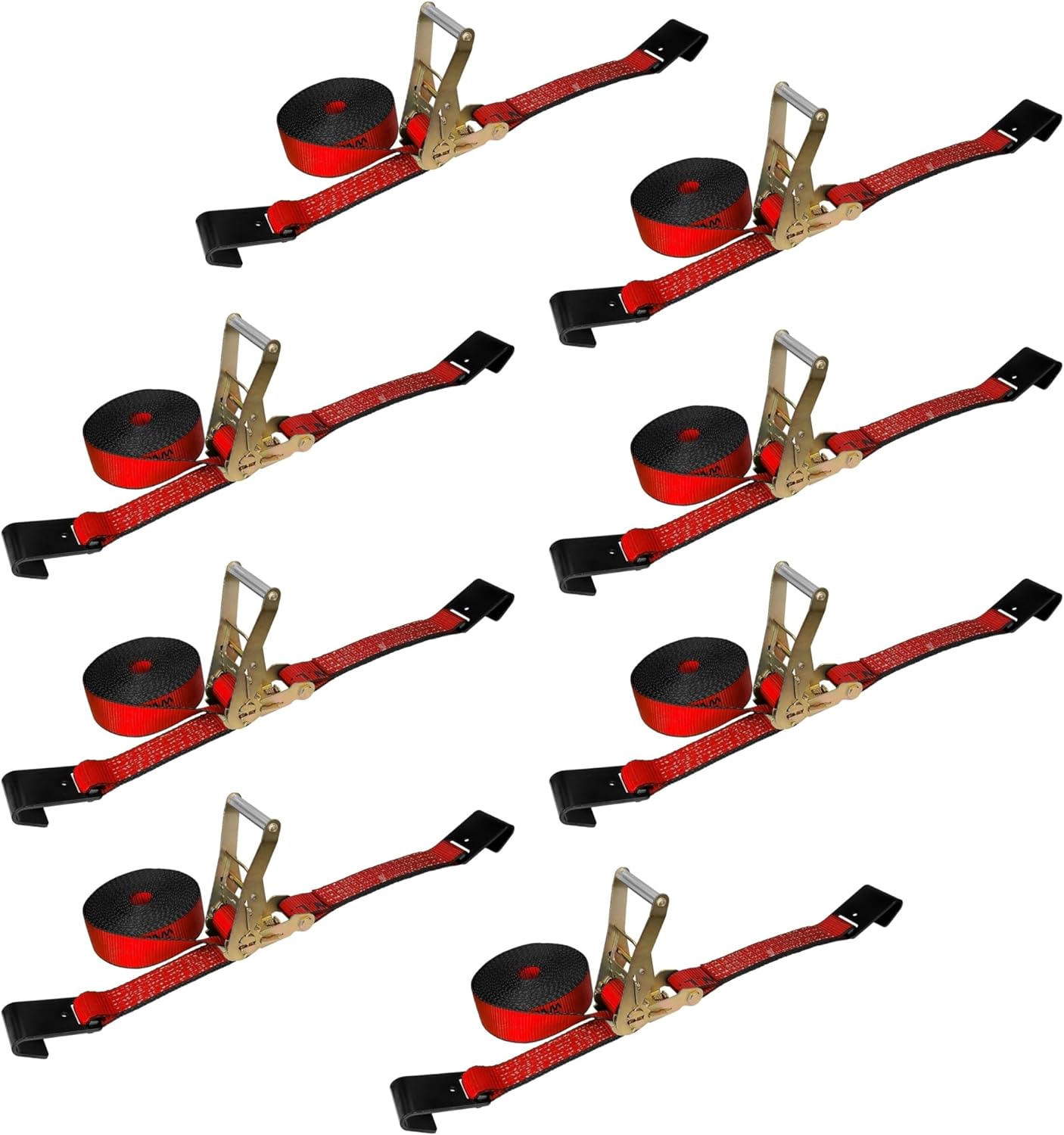 Mega Cargo Control 8 Pack of Heavy Duty Flat Hook Ratchet Straps - 2" x 30', Red Tie Downs with 10,000 lbs Break Strength for Flatbed Trailer, Hauling, Construction, Auto