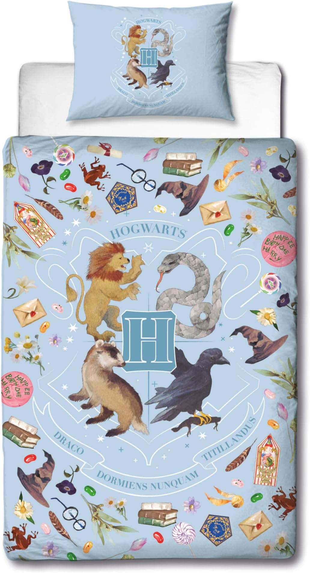 Character World Harry Potter Officially Licensed Painted Design Boys Single Duvet Cover Set | Reversible 2 Sided Bedding Including Matching Pillow Case | Perfect For Kids Bedroom