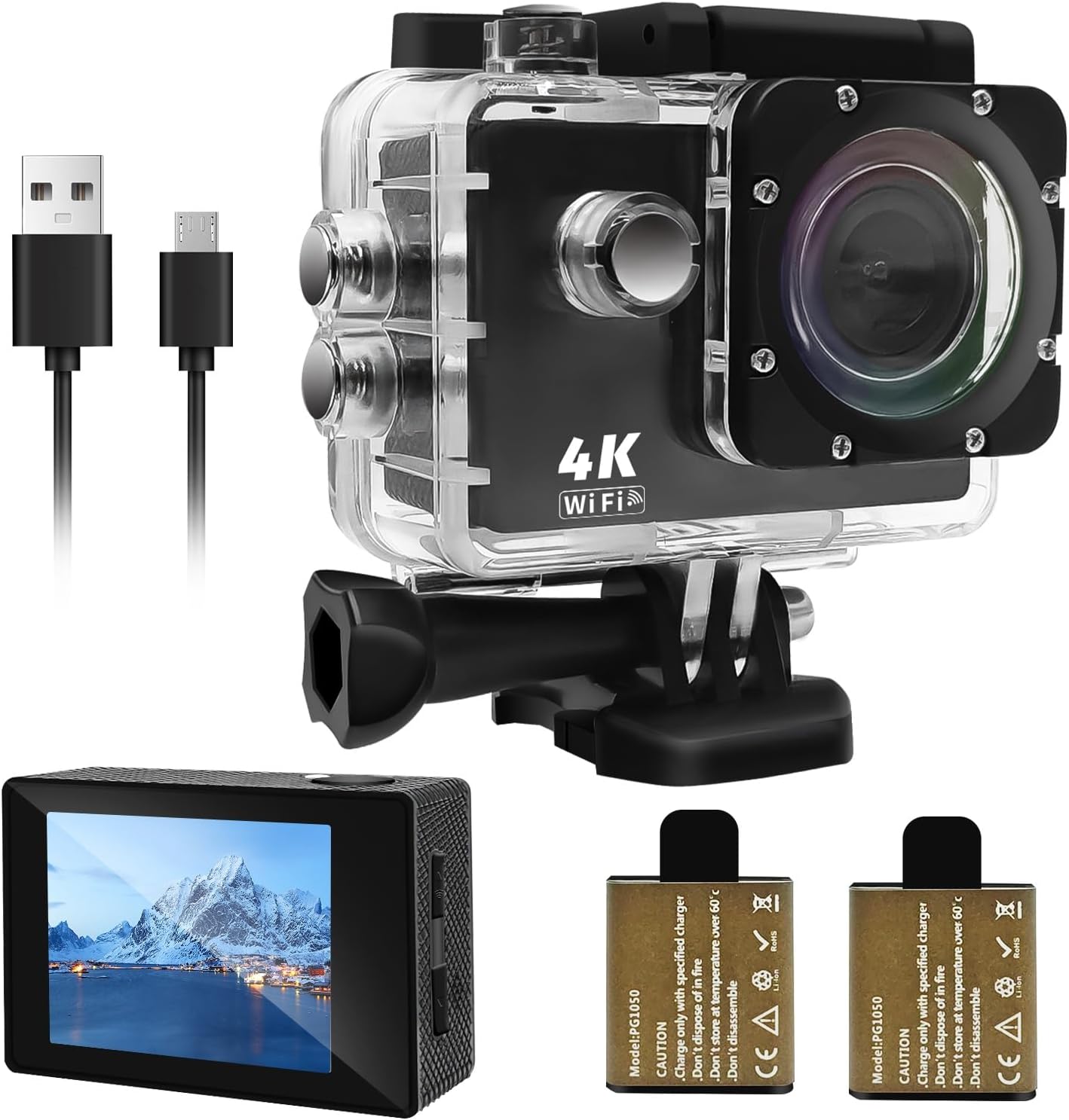 Action Camera 4K 30FPS, Waterproof Camera 30M Underwater Ultra HD 131FT 170°Wide Angle Shooting, with 2 x 1050 mAh Batteries for Swimming, Cycling, Fishing, Climbing