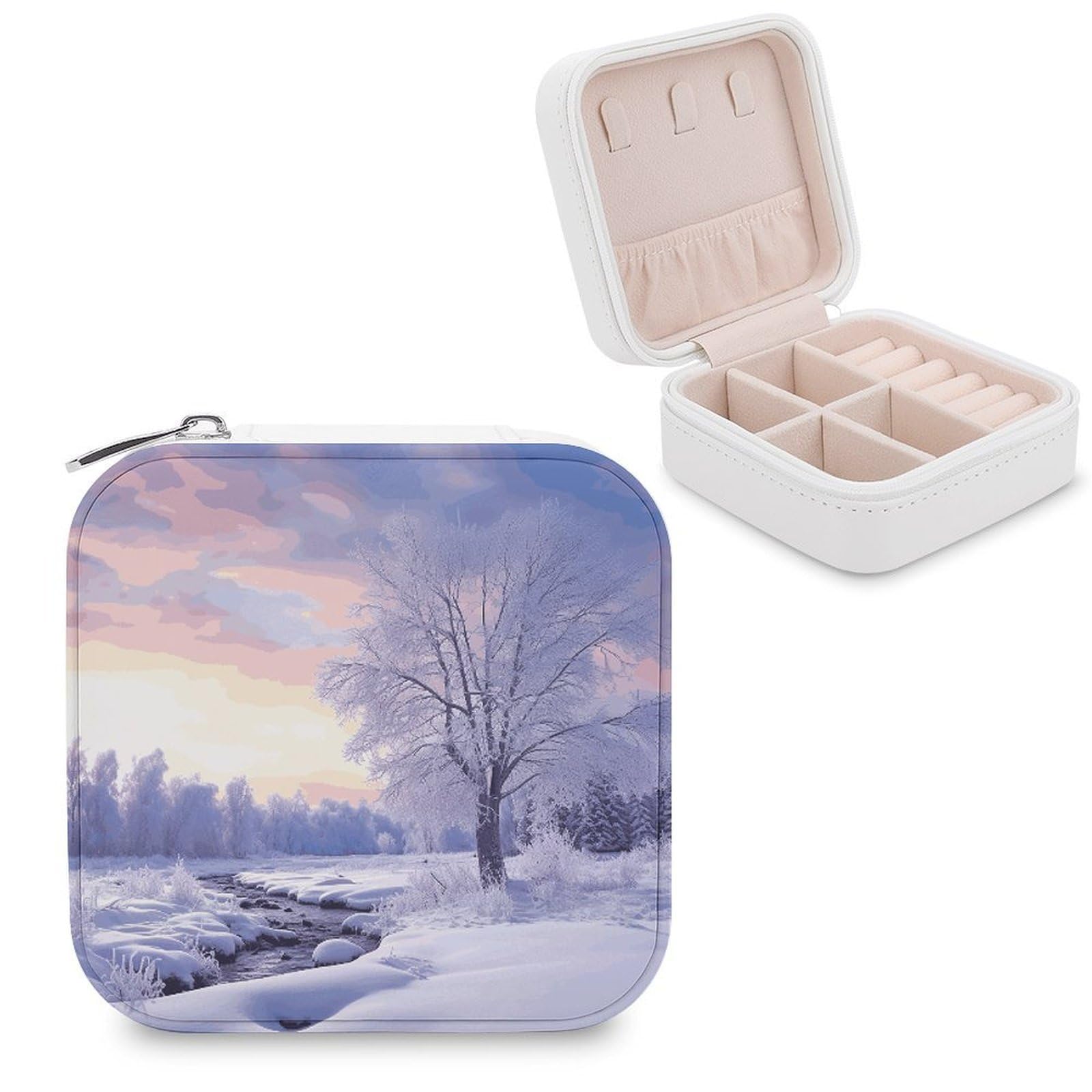 MUSM Winter Landscape Travel Jewelry Case Personalized PU Leather Jewelry Boxes for Women Small Portable Jewelry Organizer Box Cute Trinket Box for Necklaces Rings Earrings & Gifts