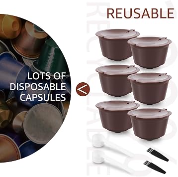 6Pcs Reusable Coffee Capsule for Dolce Gusto, Refillable Coffee Capsules Pods Reusable Coffee Filter with 2 Spoon and 2 Brush Multipurpose Coffee Capsule Kit for Ground Coffee Filter Coffee