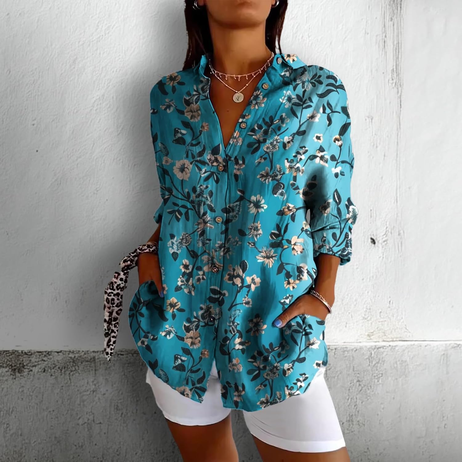 T Shirts for Women Trendy Button Up Rolled Three-Quarter Sleeves V Neck Stylish Blouses Going Out Tops - Image 2