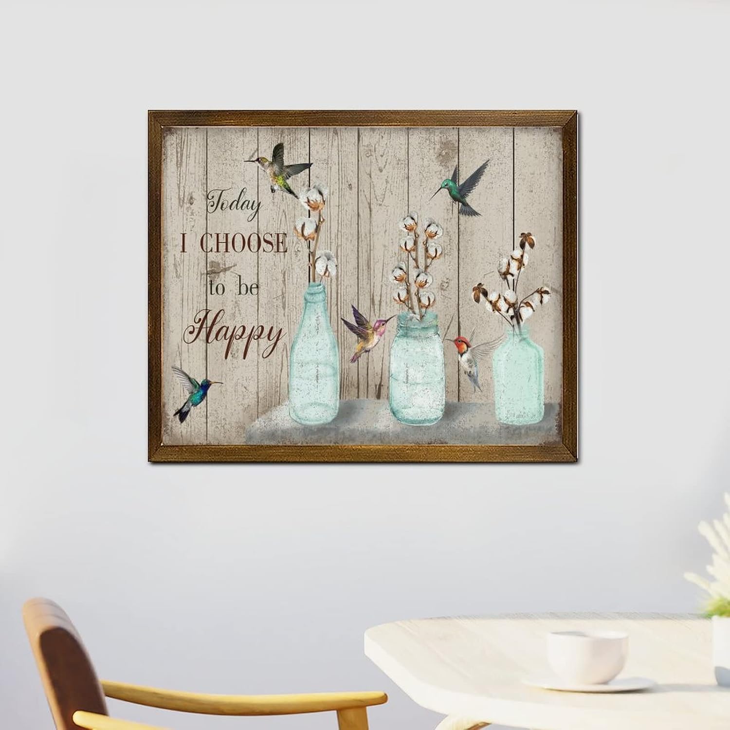 Today I Choose to Be Happy Wood Framed Signs Hummingbird Kapok Flower in Vase Wooden Art Wall Vintage Nature Plants Wall Decor Farmhouse Rustic Wooden for Home Room Office Garden Kitchen 16x20 Inch
