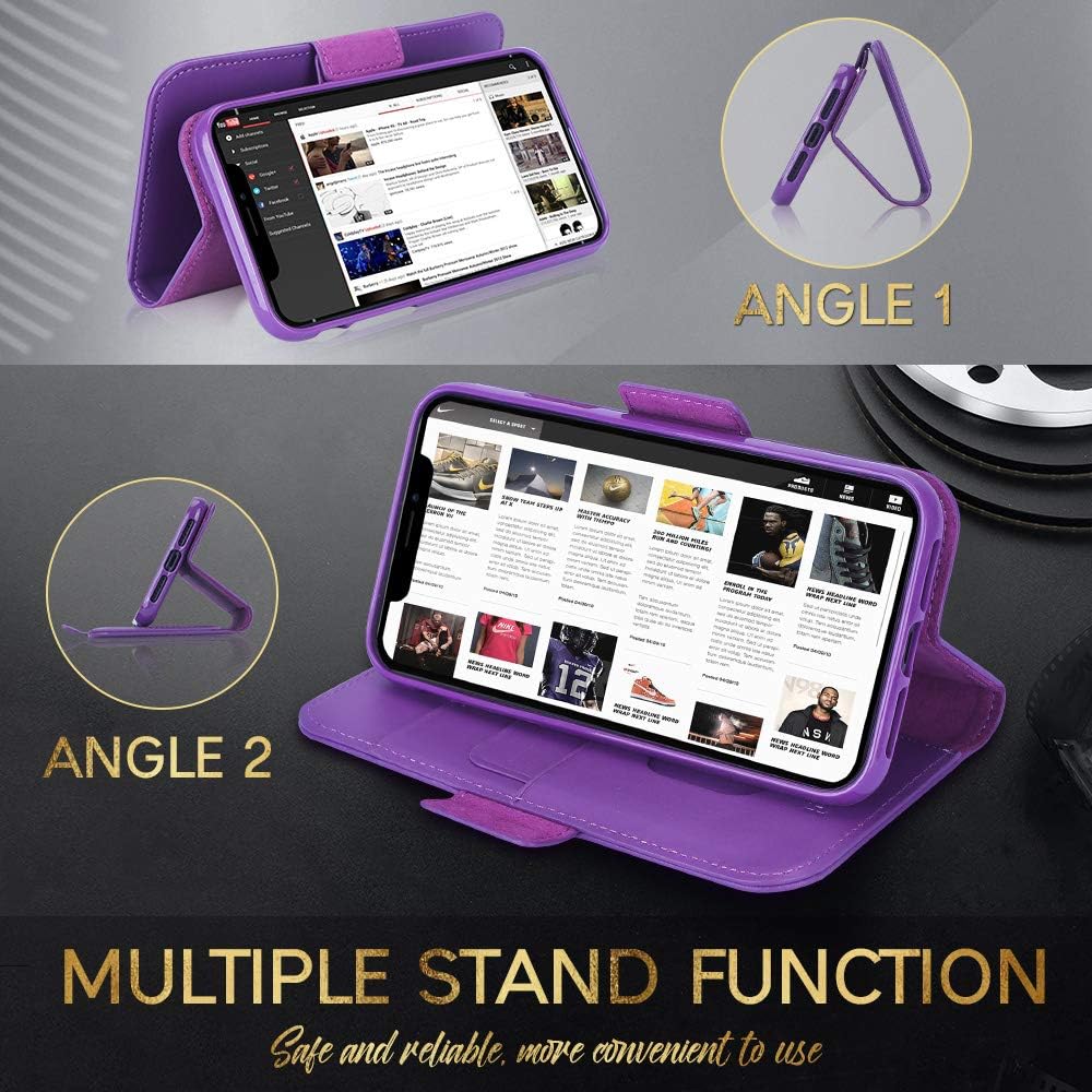 FYY Case for iPhone 11 Pro Max 6.5”, Luxury [Cowhide Genuine Leather][RFID Blocking] Wallet Case, Handmade Flip Folio Case with [Kickstand Function] and[Card Slots] for iPhone 11 Pro Max 6.5” Purple