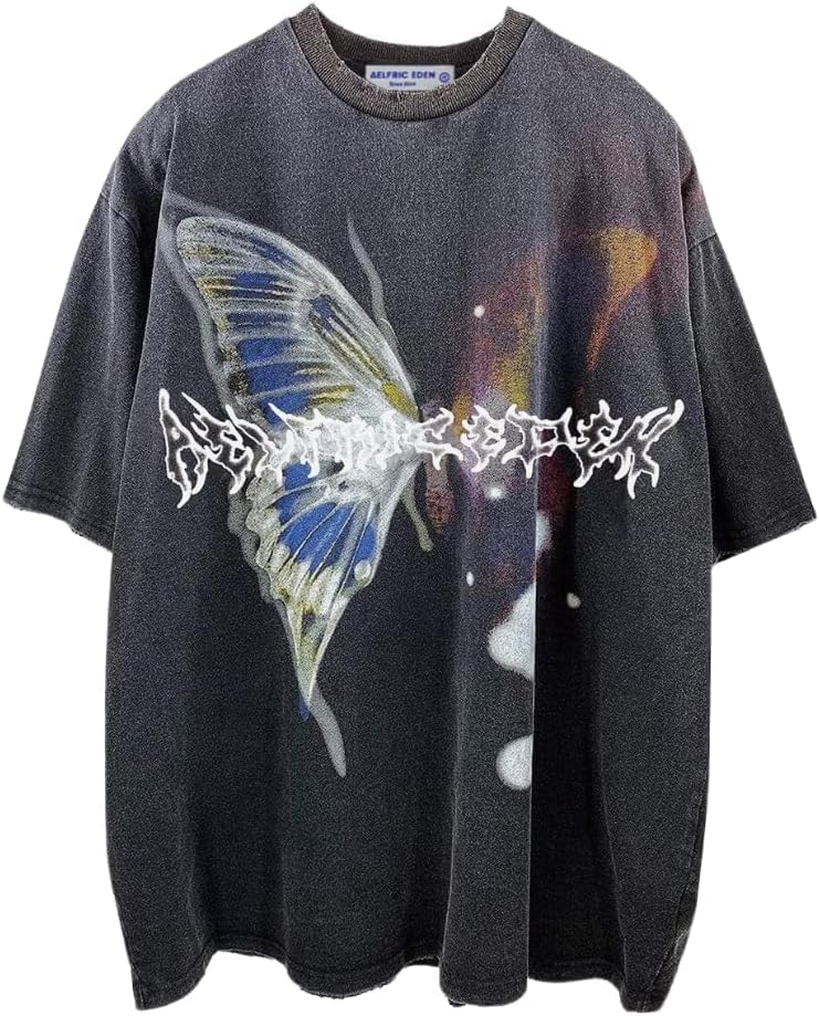 Aelfric Eden Mens Women Vintage Graphic Tees Oversized Butterfly Printed Tee