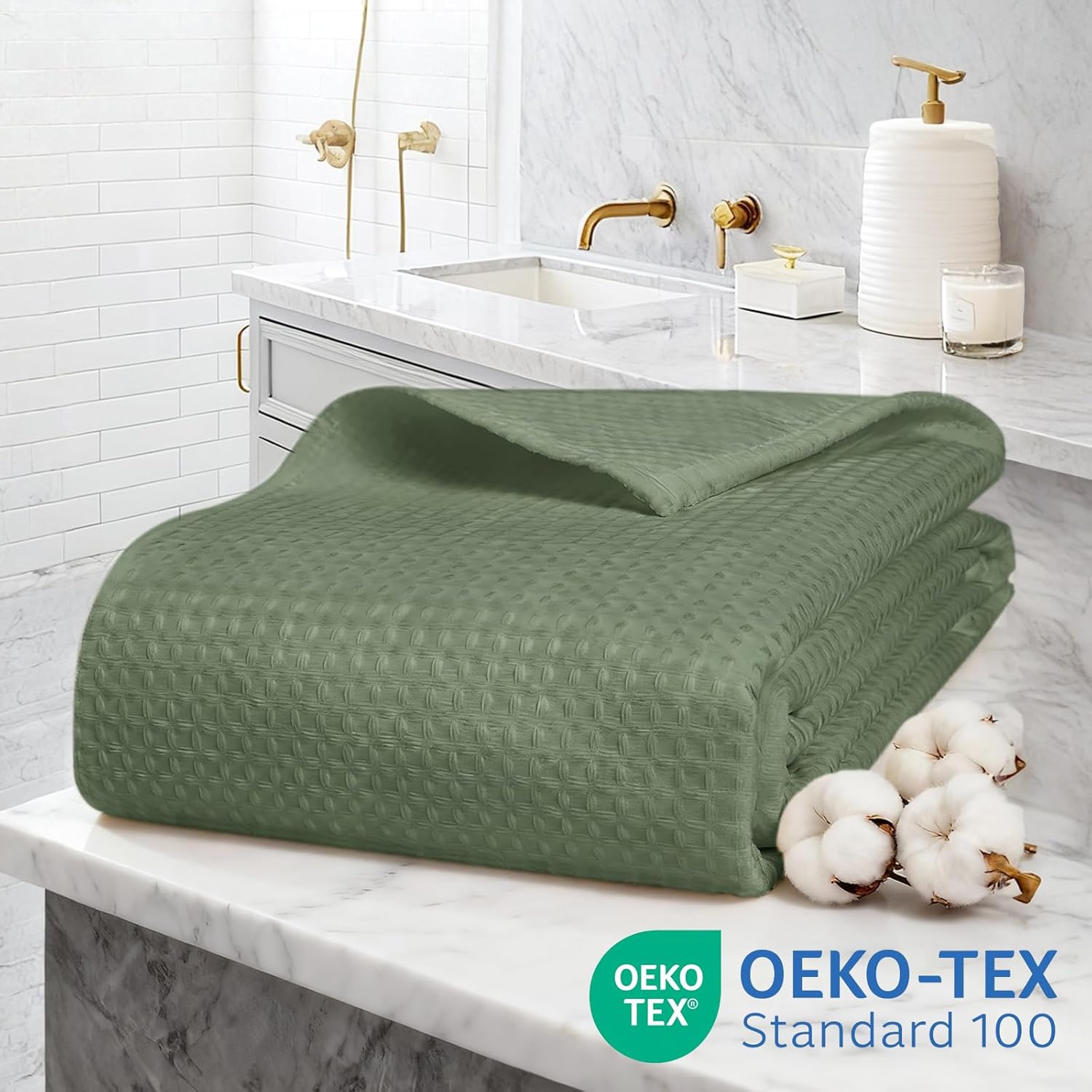 Waterproof No Hooks Waffle Shower Curtain, 260GSM Heavy Duty Fabric, with 10 Durable Split Grommets, Luxury Hotel Spa Style for Bathroom, Machine Washable, 74 x 72 Standard Size, Green