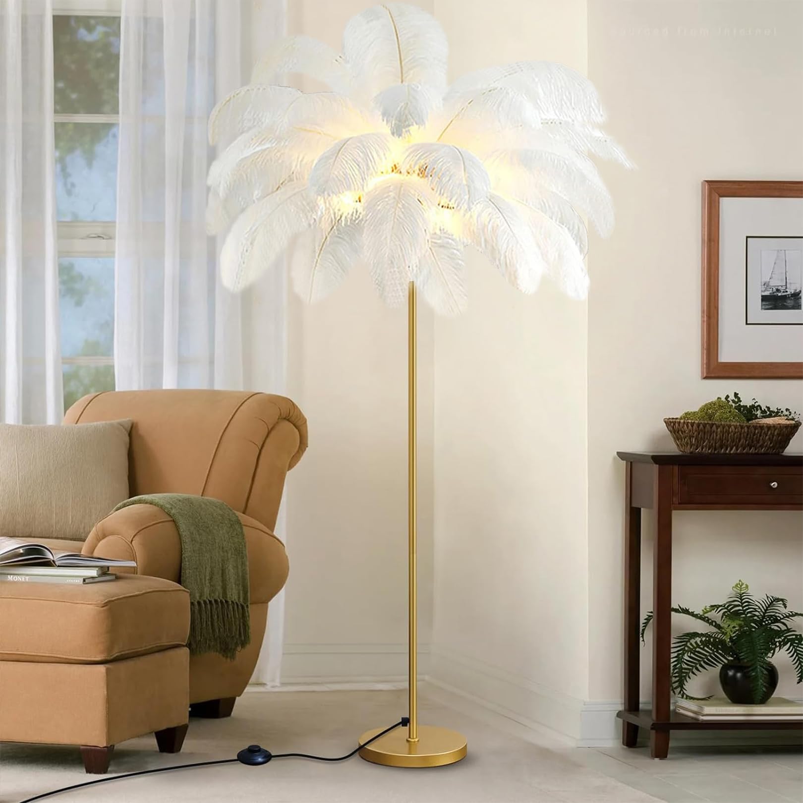Lampadaire en plumes d'autruche véritable pour salon et chambre