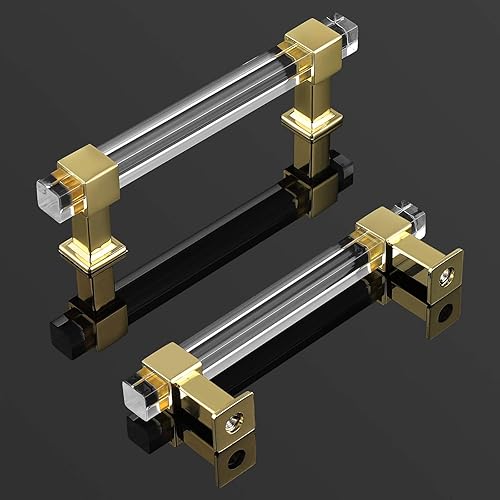 Miniatura 2 de knobelite Paquete de 25 manijas de gabinete de cocina con centro de agujero de 4 pulgadas, tiradores de cajón dorados con tubo acrílico cuadrado y