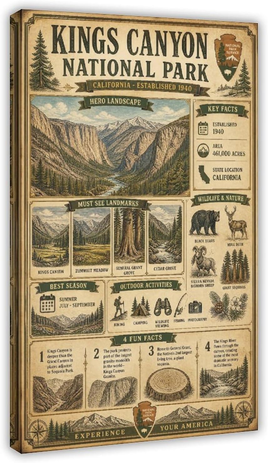 Classic Kings Canyon National Park Print, Vintage California Art Canvas Pos