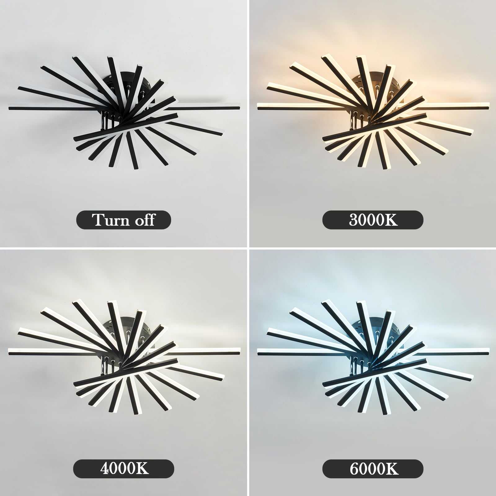 DAFKOS 9 Lights Modern LED Sputnik Ceiling Light Fixture with Remote Control 80W Dimmable Black Flush Mount Chandelier 29.92in Acrylic Ceiling Light for Kitchen Dining Room Living Room Bedroom