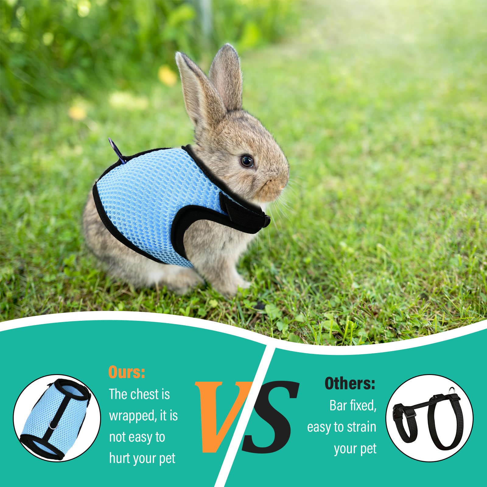 Harnais Lapin Réglable, Laisse Élastique Gilet Souple avec Corde de Traction pour Lapins et Cochons d'Inde (Bleu, S)