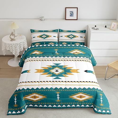 Juego de edredón bohemio de celosía tamaño Queen, ropa de cama azteca, bohemio, navajo, étnico, retro, amarillo, a rayas, exótico, tribal,