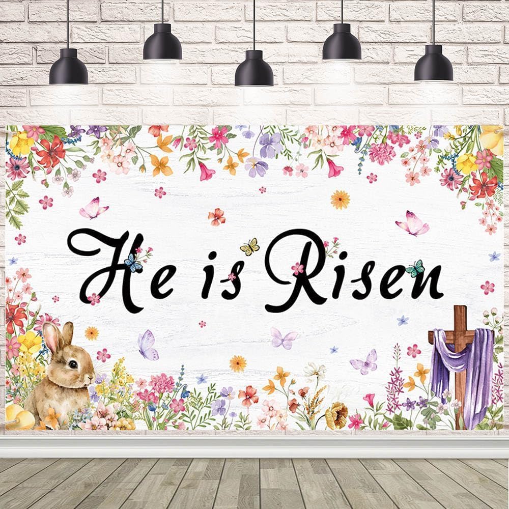 AIBIIN He is Risen Backdrop Happy Easter Spring Banner Bunny Grass Jesus Cross Outdoor Indoor Front Door Wall Fence Background Decorations for Easter Festival 70.8 x 43.3 inch