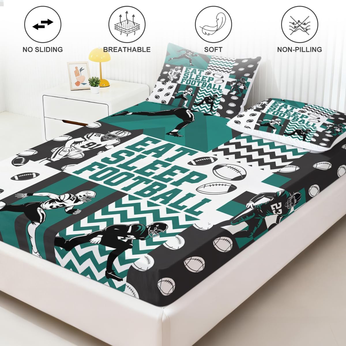 Football Bed Set 3-Piece Wrinkle-Free Soft Microfiber Eat Sleep Football Bedding California King Sports Themed Bedroom Decor for Boys 1 Fitted Sheet and 2 Pillowcases(Without Flat Sheet)
