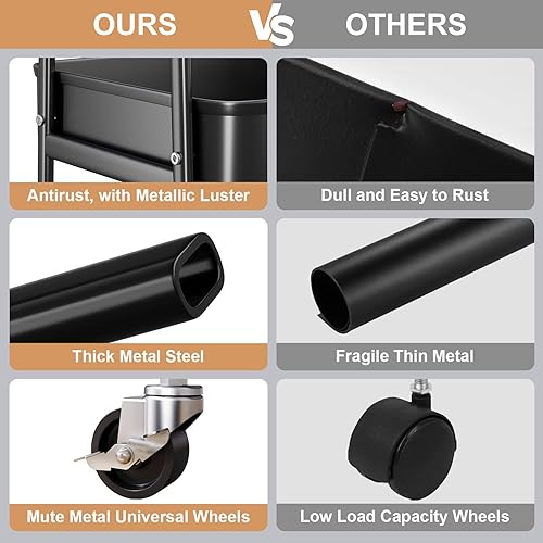 Miniatura 7 de Carrito de metal de 3 niveles con ruedas bloqueables, organizador de almacenamiento de tres niveles negro con ruedas para baño, cocina, lavandería,