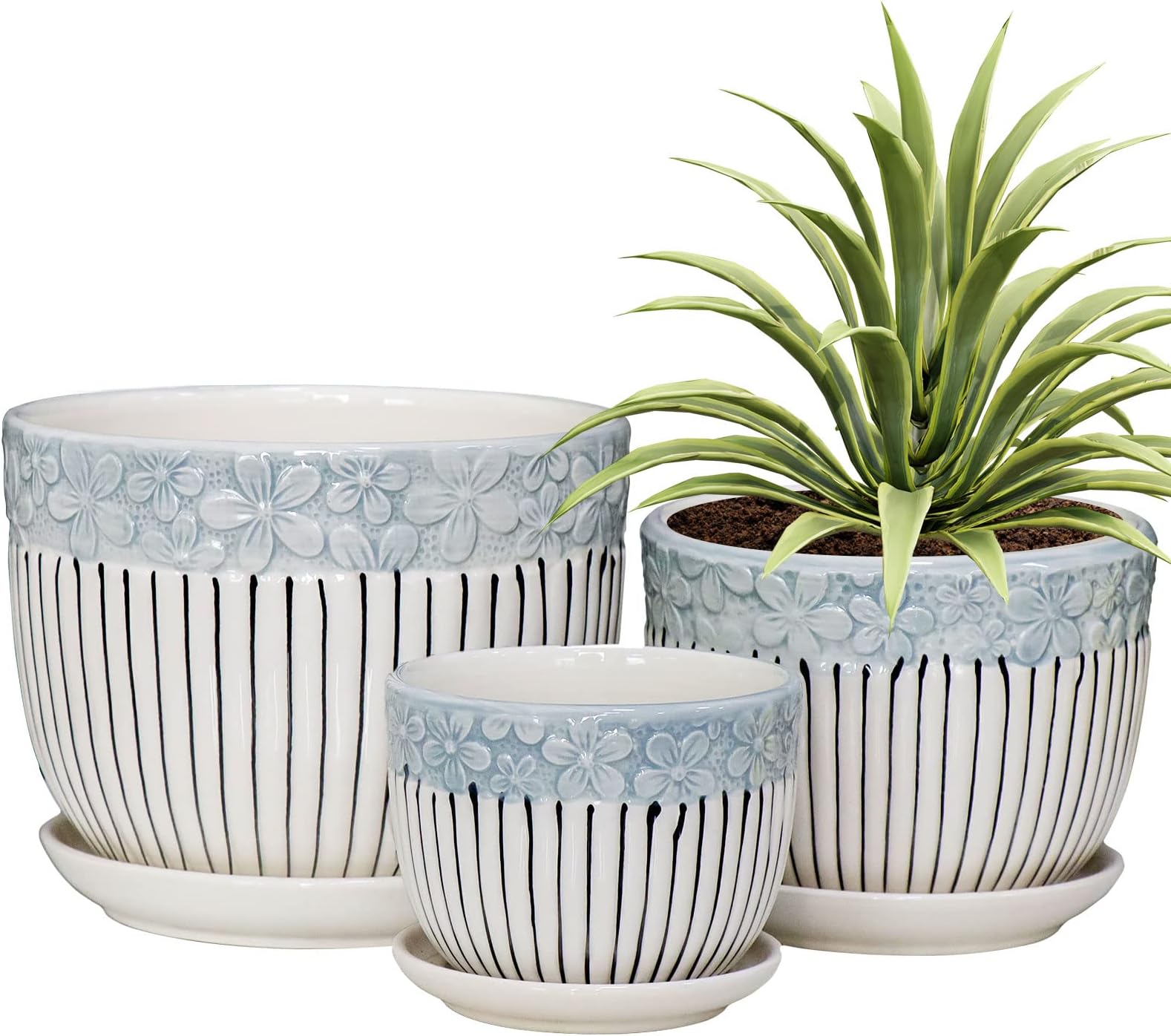 Ton Sin Grey Flower Pots,Texture Planter for Indoor Plants Set of 3 Ceramic Flower Pots with Saucer,Cute Garden Pots Succulent Pots（3 Pack,Grey