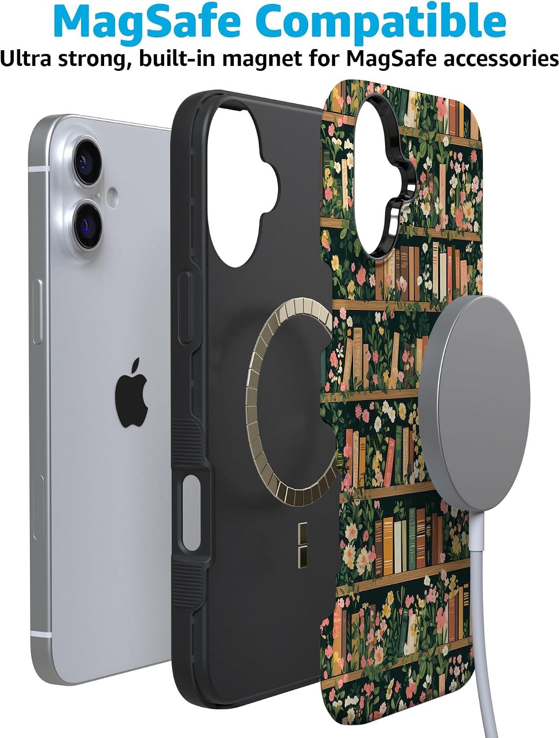 Casely iPhone 16 Plus Case | Book Nook | Floral Library | Bold Protective Design | Compatible with MagSafe