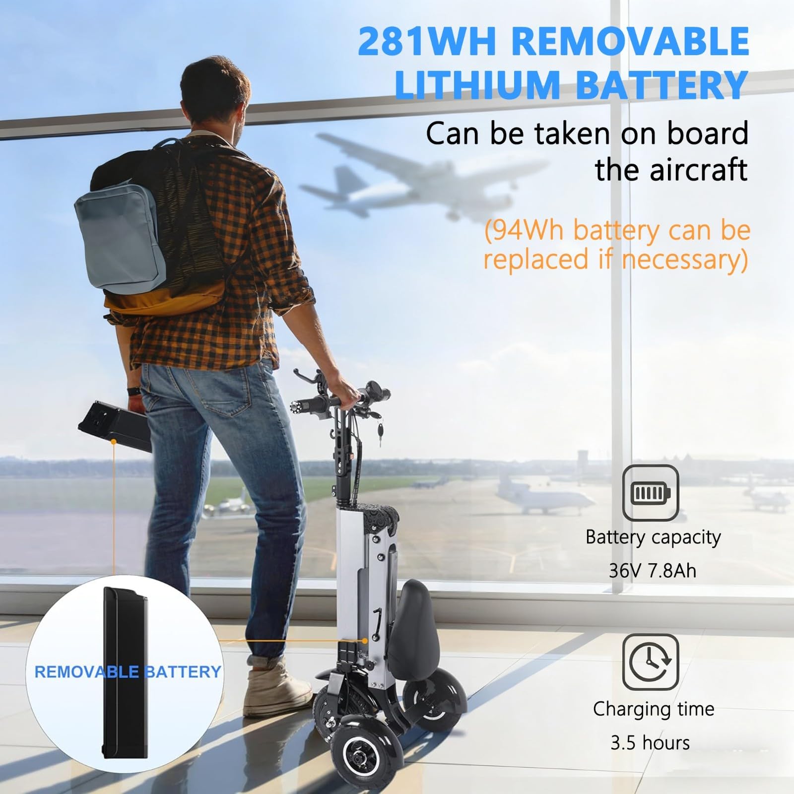 Scooter Movilidad para Adultos 3 Ruedas, Triciclo Eléctrico Ligero con Asiento Y Batería Extraíble, Función Marcha Atrás Interruptor Llave para Desplazamientos Y Viajes A