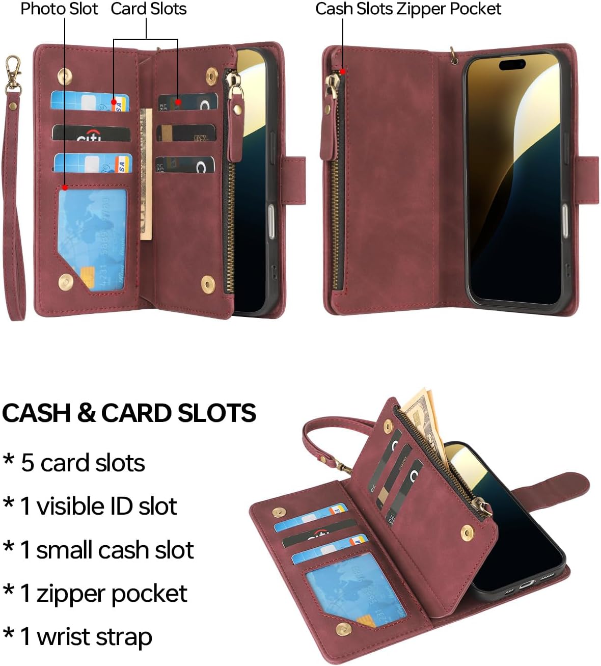 RANYOK Wallet Case Compatible with iPhone 17 Pro Max Case, with 6 Card Holder RFID Blocking, PU Leather Zipper Flip Wallet Pocket, Kickstand, Wrist Strap | Protective Phone Cover, Wine Red - Image 3