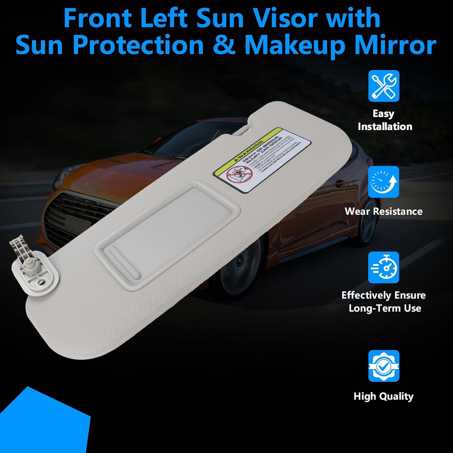 Front Left Sun Visor with Sun Protection & Makeup Mirror (Gray) – Compatible with 2012-2016 Hyundai Veloster, Replaces OEM Part 85210-2V330-TX (Driver Side)