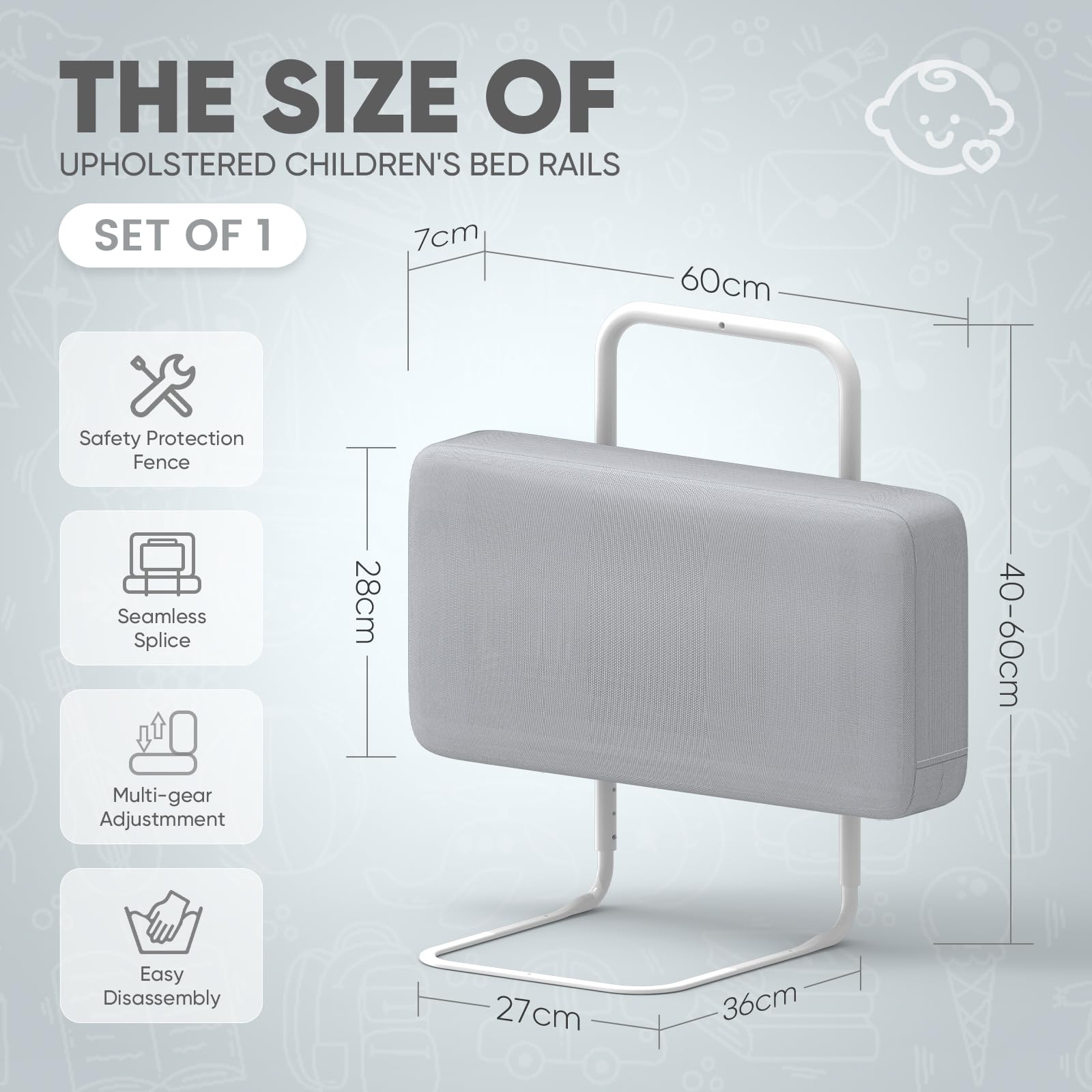 Barrera anticaídas para Cama Infantil, 60 cm de Ancho, barreras Cama para niños Barrera Cama Bebe, Color Gris