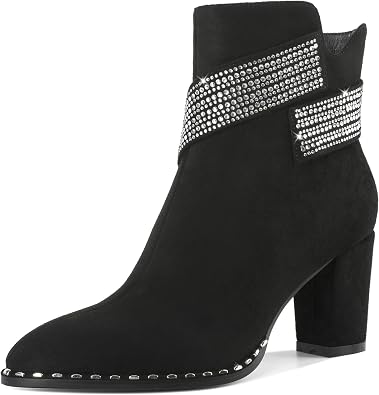 Zamikoo Chunky Heel Ankle Boots for Women Round Toe Beaded Heel Short Booties Fall Heel Boots with Sparkly Rhinestone Strap Side Zipper 3 Inches