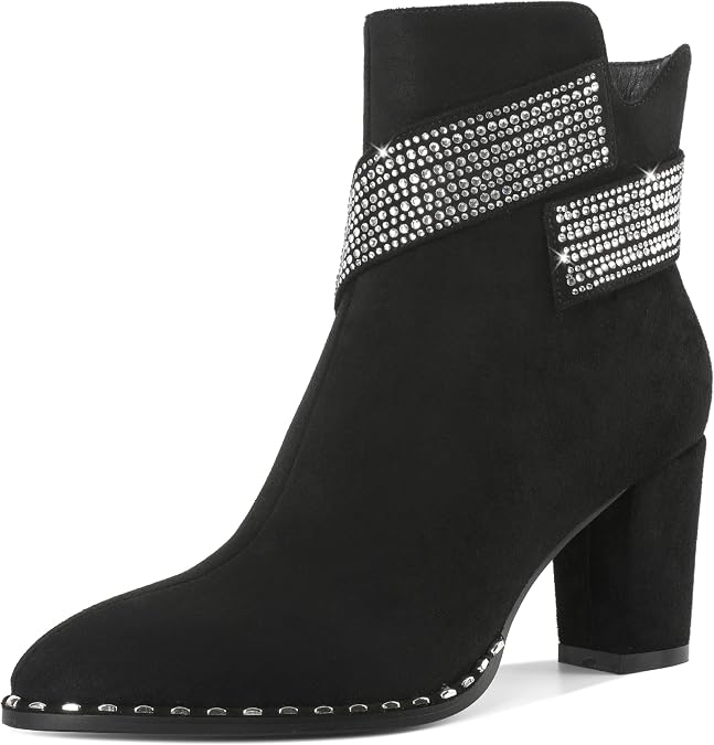 Zamikoo Chunky Heel Ankle Boots for Women Round Toe Beaded Heel Short Booties Fall Heel Boots with Sparkly Rhinestone Strap Side Zipper 3 Inches