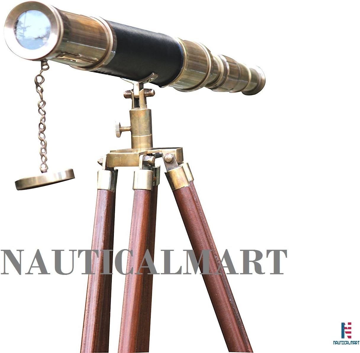 Sailor Boat Antique Floor Standing Telescope Black Leather Wooden Stand