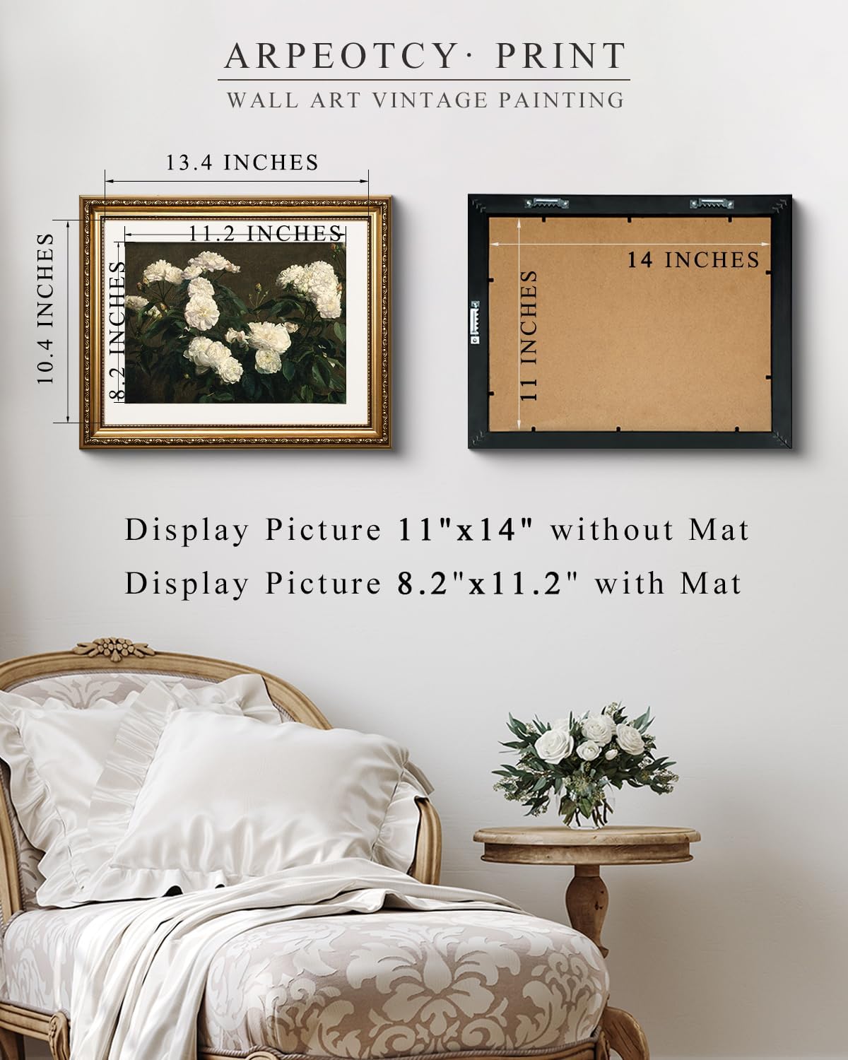 ARPEOTCY Vintage Still Life Gold Framed Wall Art, White Roses Retro Paintings, Canvas Prints Artwork with Antique Frame, Victorian Wall Pictures Decor for Living Room Gallery, 13x16 inch