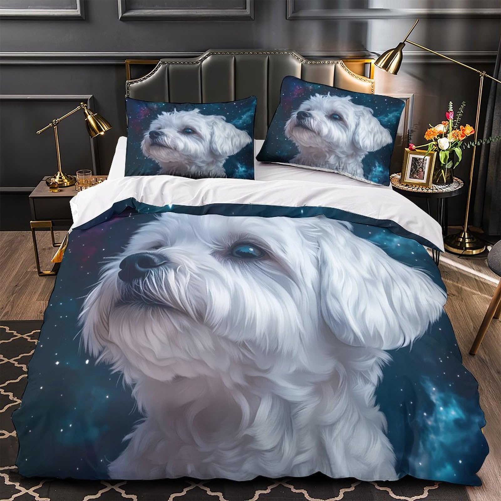 Parure de lit chien blanc microfibre anti-plis et facile à laver pour lit simple 3 pièces